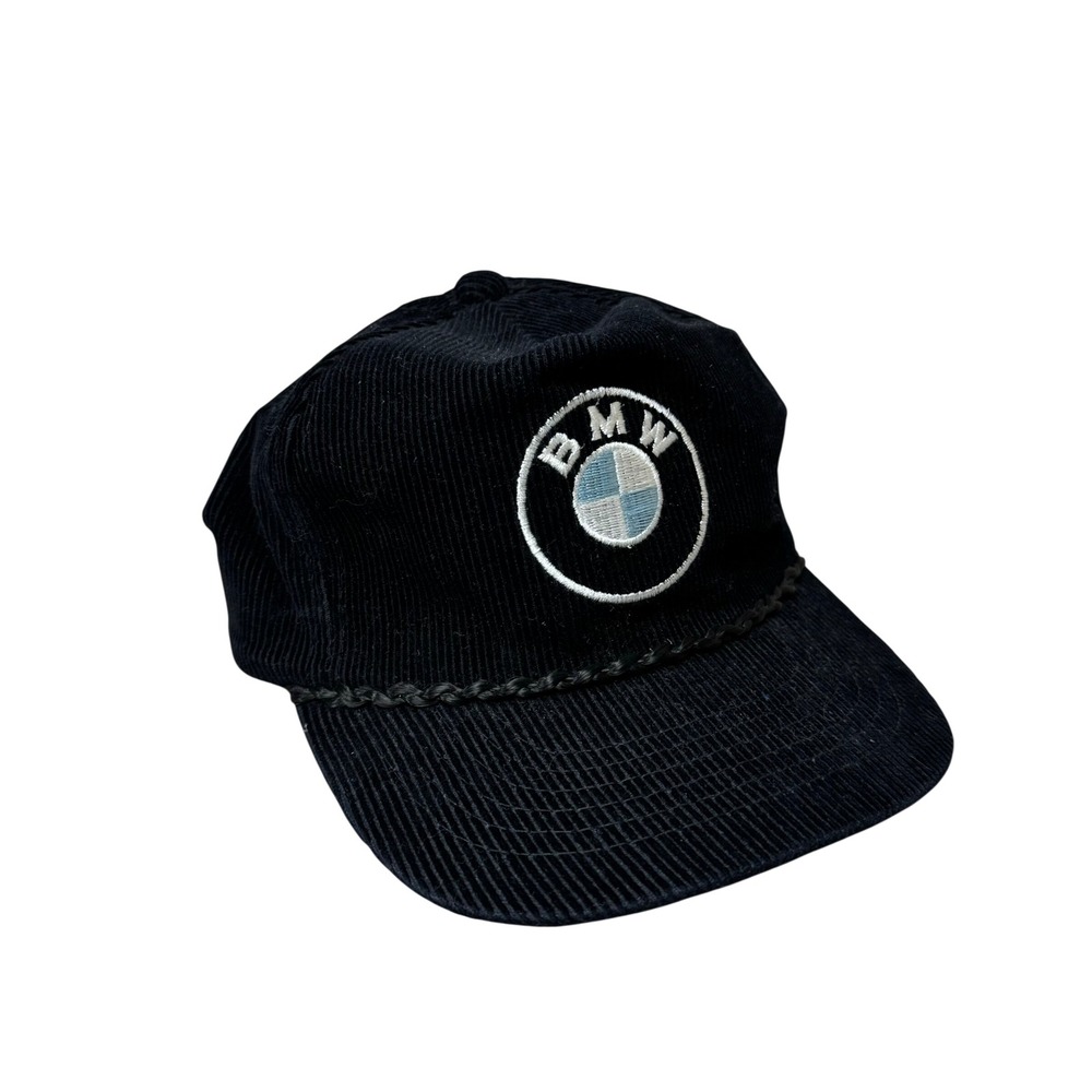 Vintage BMW Corduroy Hat Black Embroidered Logo Rope Trucker Cap Mens 90s